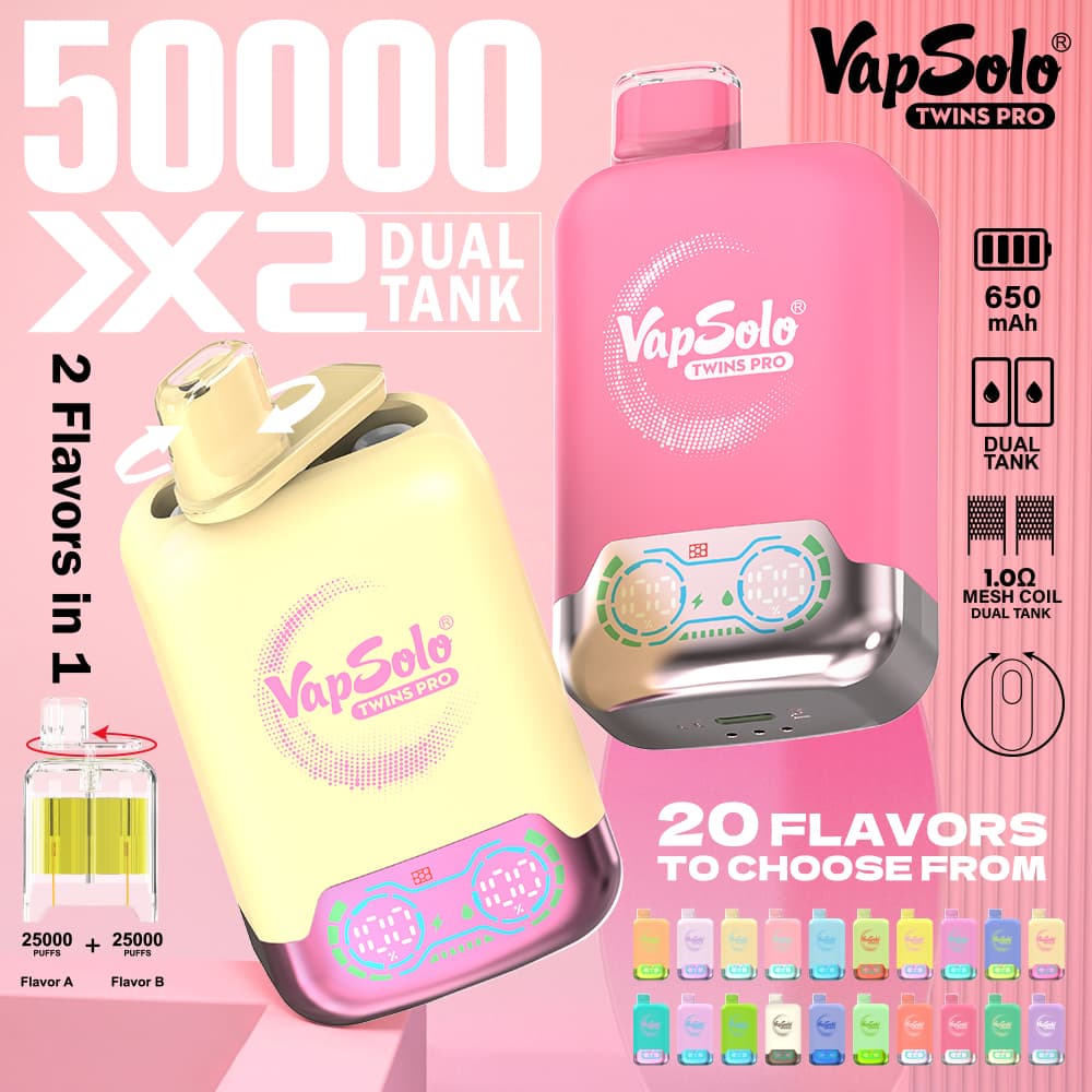 VapSolo Twins Pro 50000, vaper desechable de 50.000 caladas con 20 sabores y nicotina 2% / 5%